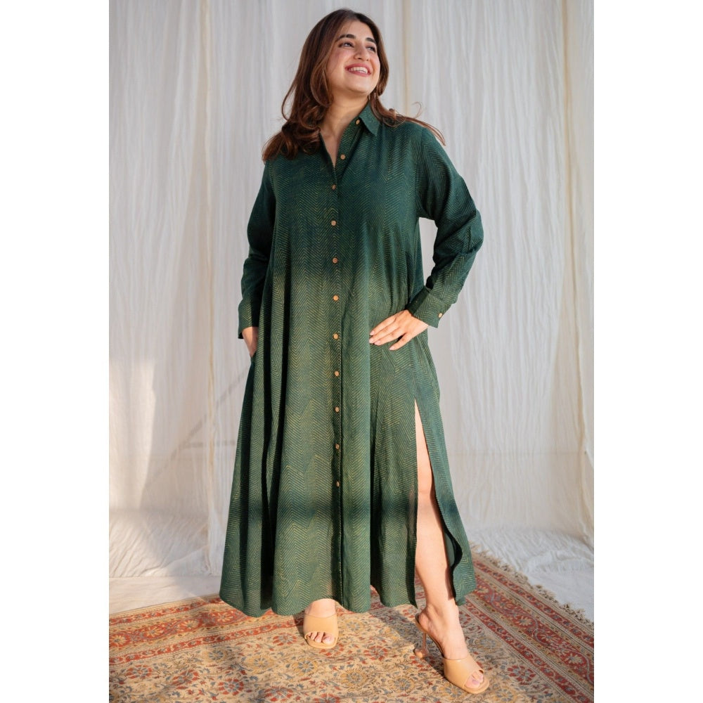 The Indian Ethnic Co. Dark Green Ajrakh Cotton Maxi Dress