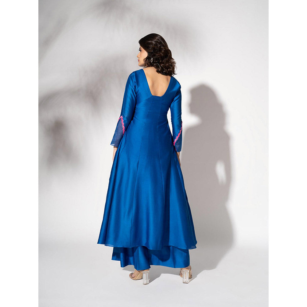 THE AARYA Electric Blue Handwoven Chanderi Embroidered Anarkali (Set of 3)