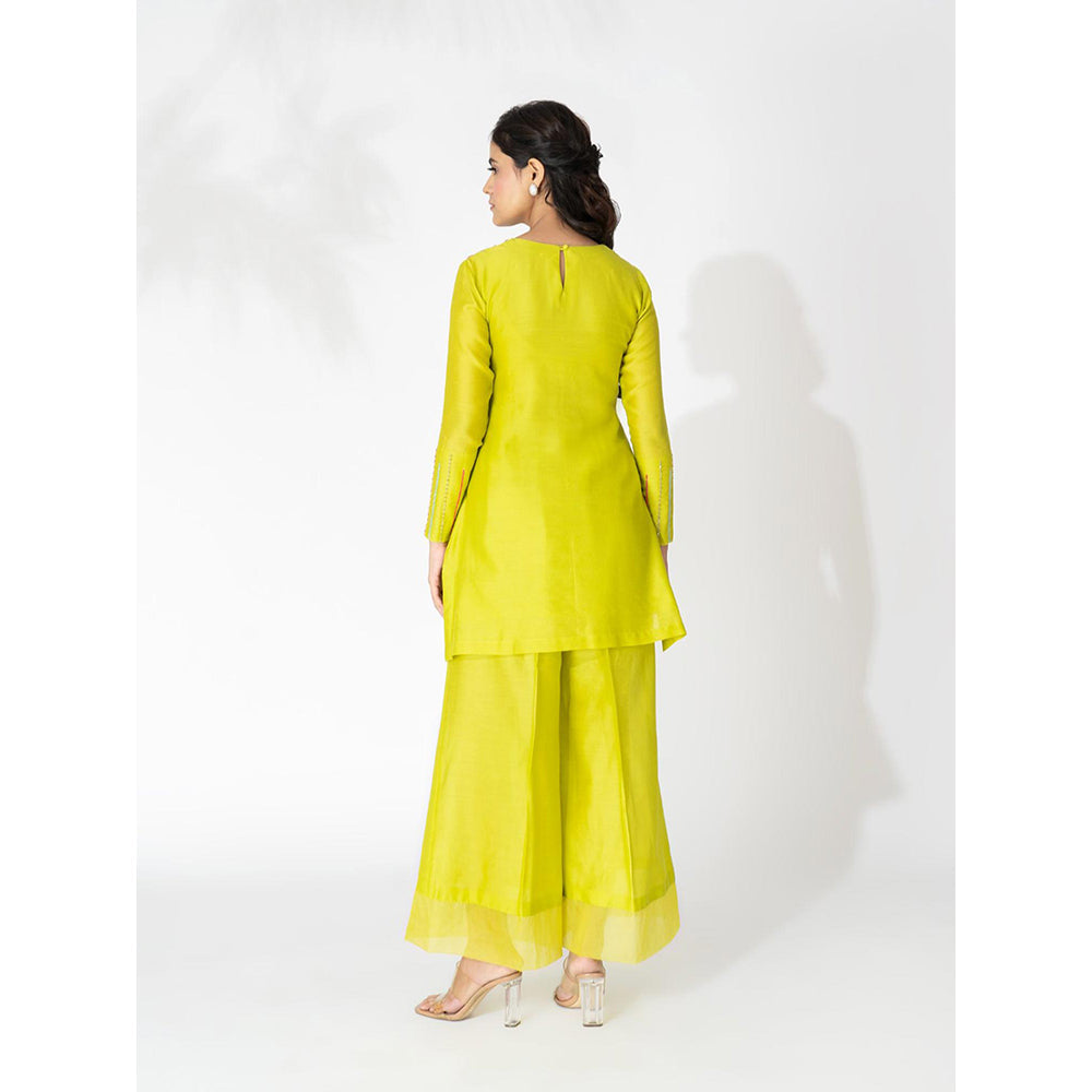 THE AARYA Lime Green Handwoven Chanderi Embroidered Short Kurta (Set of 3)