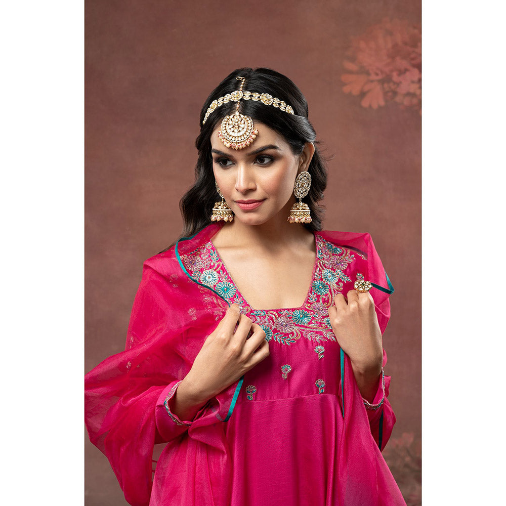 THE AARYA Pink Handwoven Chanderi Embroidered Layered Anarkali (Set of 3)