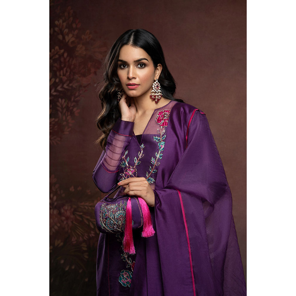 THE AARYA Purple Handwoven Chanderi Embroidered Kurta (Set of 4)