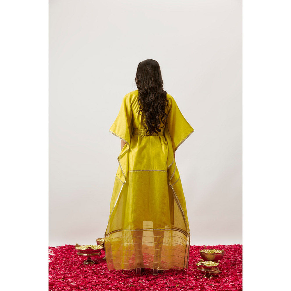 THE AARYA Yellow Handwoven Chanderi Kaftan with Belt (Set of 2)