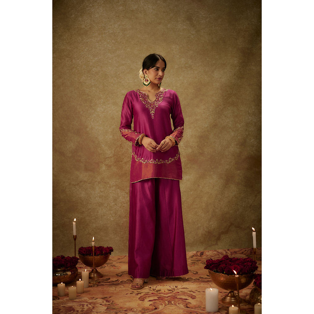 THE AARYA Asmira Magenta Embroidered Kurti with Palazzo and Dupatta (Set of 3)