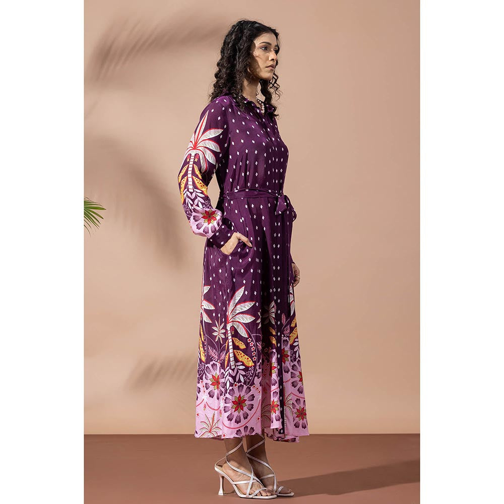 Thee Modern Roots Paradise Purple Palm Shirt Dress with Belt (Set of 2)