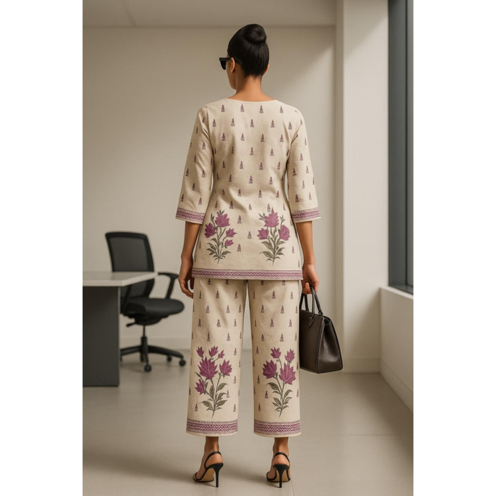 Thee Modern Roots Women'S Beige Cotton Floral V-Neck Top with Pant Co-Ord's