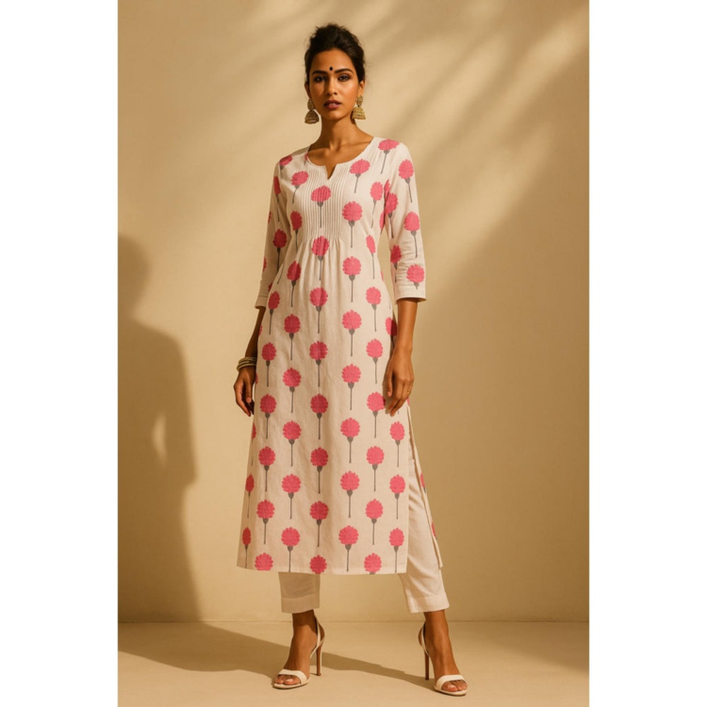 Thee Modern Roots Women'S Ivory Cotton Floral Round Neck Kurta with Pant