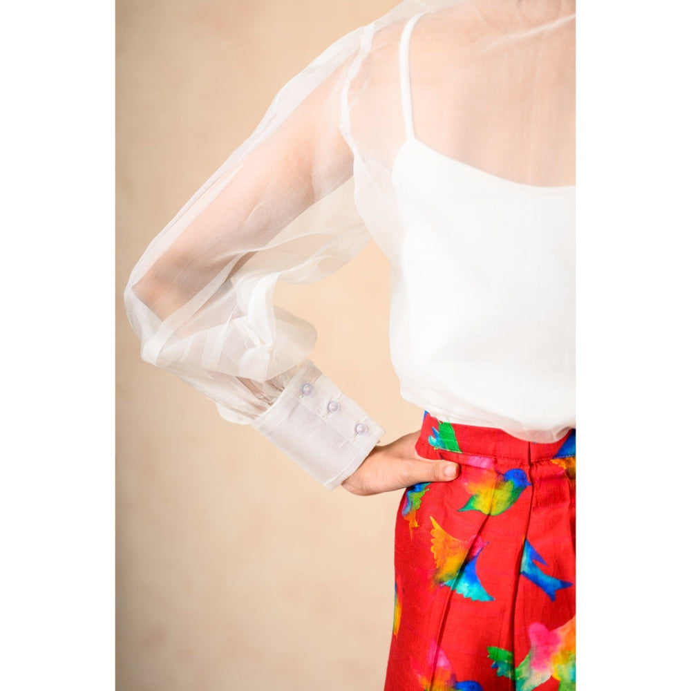 THETAA White Printed Organza Top with Slip and Flared Pant (Set of 3)