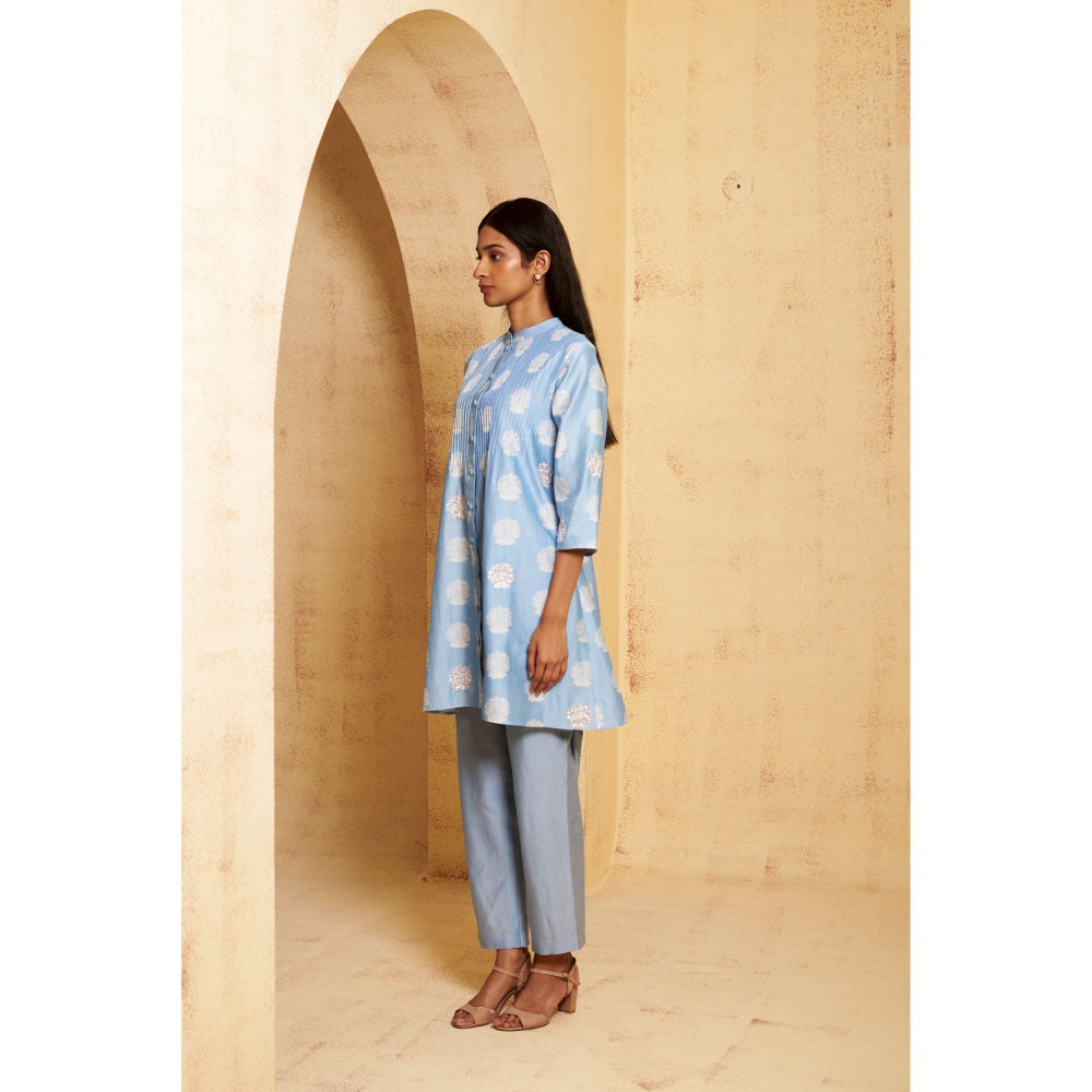 THETAA Womens Blue Pleated Embellished Co-Ord Set