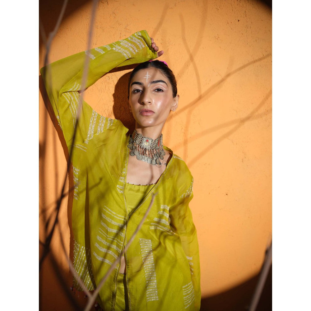 The Clothing Therapy Yellow Lime Green Bustier with Jacket and Sharara (Set of 3)