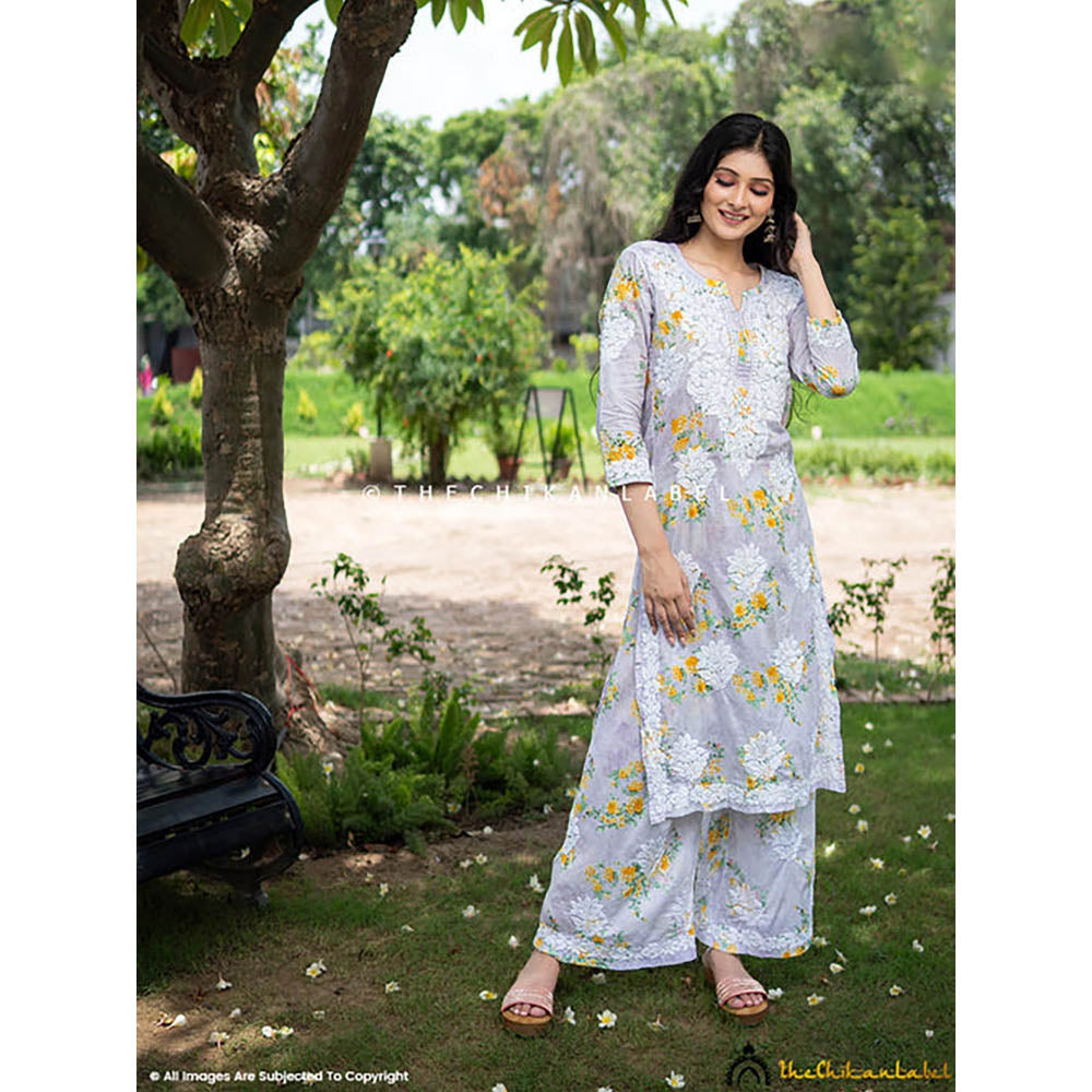 The Chikan Label Darmiyan Mulmul Cotton Kurti Palazzo Set-Lavender