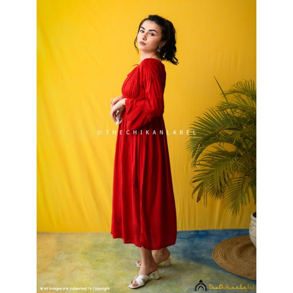The Chikan Label Embroidered Chikankari Muslin Red Midi Dress