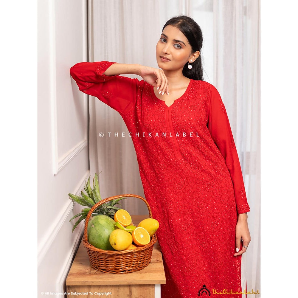 The Chikan Label Rakul Preet Red Viscose Chikankari Straight Kurta
