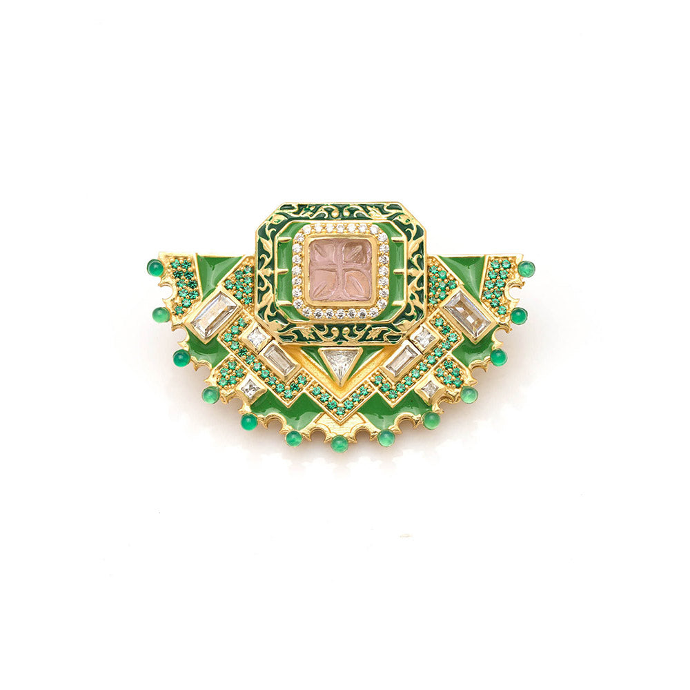 Aulerth Green & Beige Rumeli Brooch by JJ Valaya