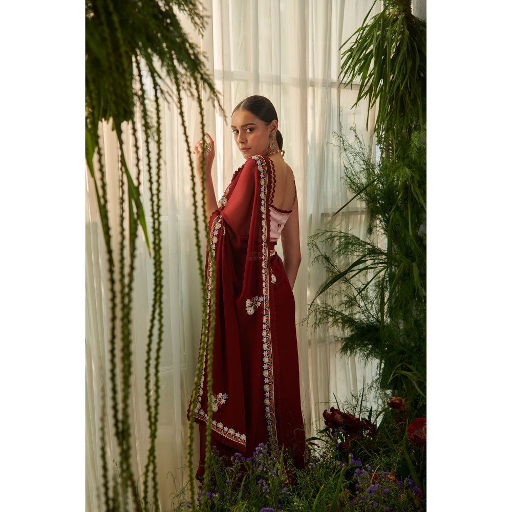 Tilsim by Sagarika Mehrotra Maroon Amaryllis Saree with Stitched Blouse