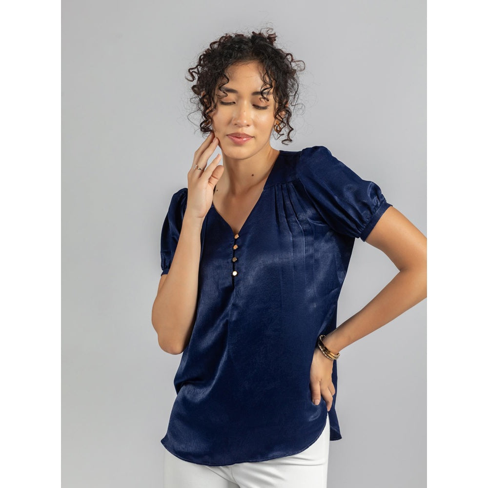 Torsha Navy Blue Satin Velvet Top