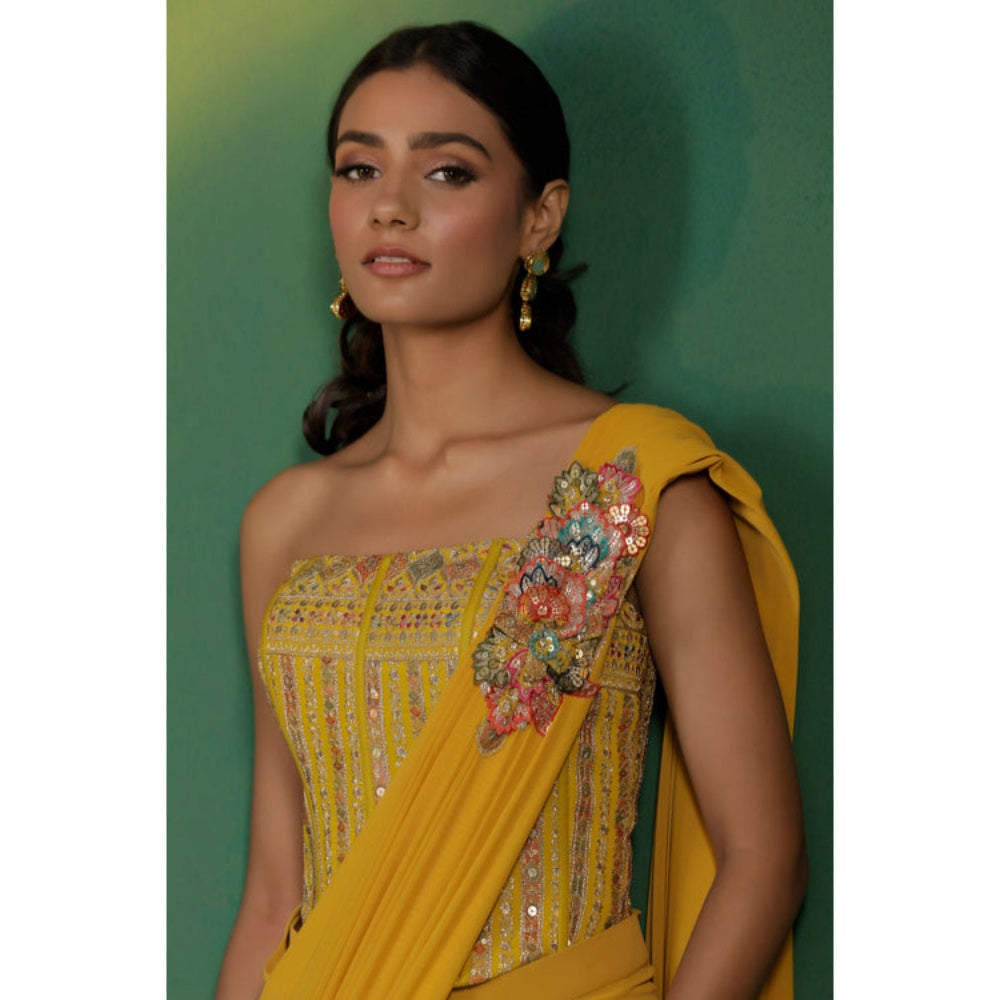 "Two Sisters" by Gyans Mustard Yellow Pre-Draped Saree with Stitched Blouse