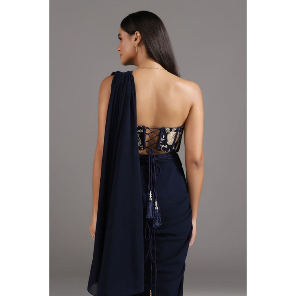 "Two Sisters" by Gyans Midnight Blue Georgette Pre-Draped Saree with Stitched Blouse