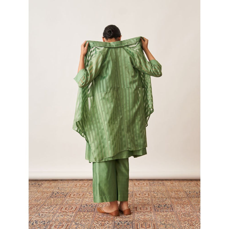 Vaaya The Pista Green Silk Chanderi Ensemble Kurta with Overlay and Palazzo (Set of 3)