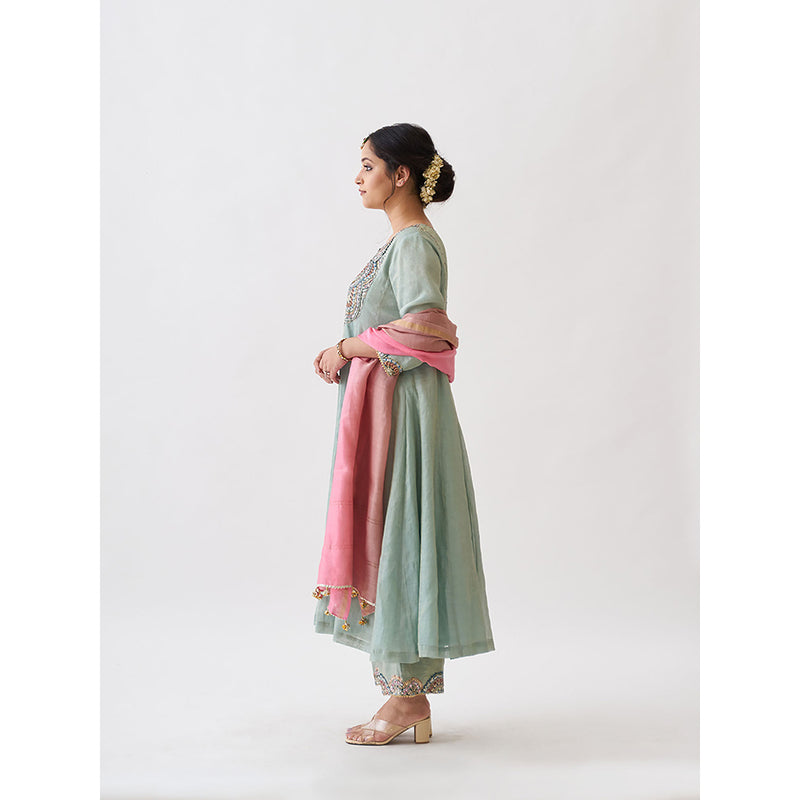 Vaaya The Blue Chanderi Gota Zari Anarkali Kurta with Palazzo and Dupatta (Set of 3)