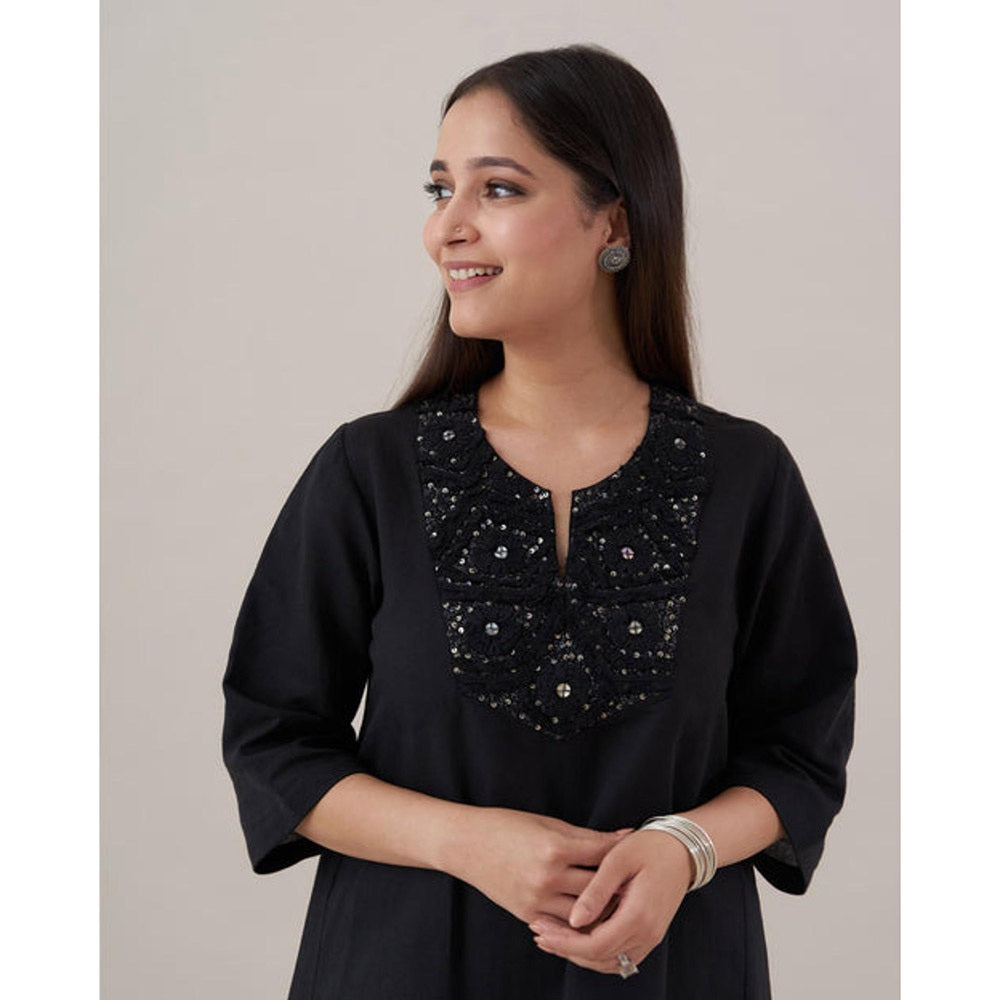 Vaaya The Ink Black Pure Linen with Cut-Fray Handwork Co-Ord Set