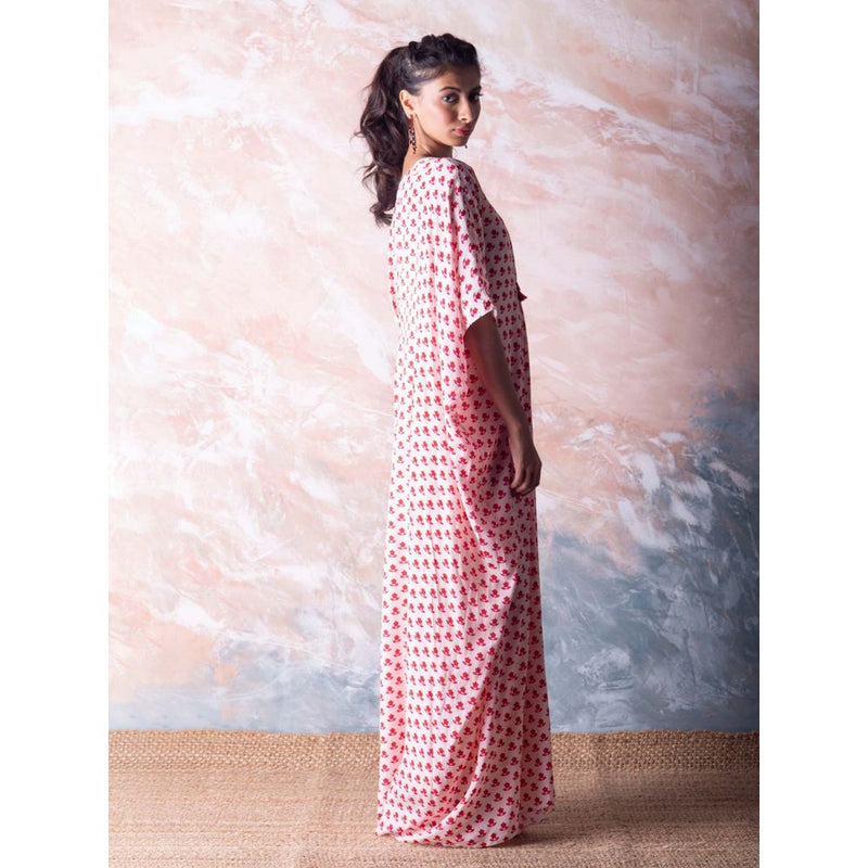 Vama Asher Red Flower Butti Kaftan Dress with Slip (Set of 2)