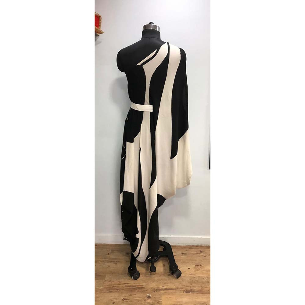 Vedika M White Printed One Shoulder Drape Dress with Belt (Set of 2)