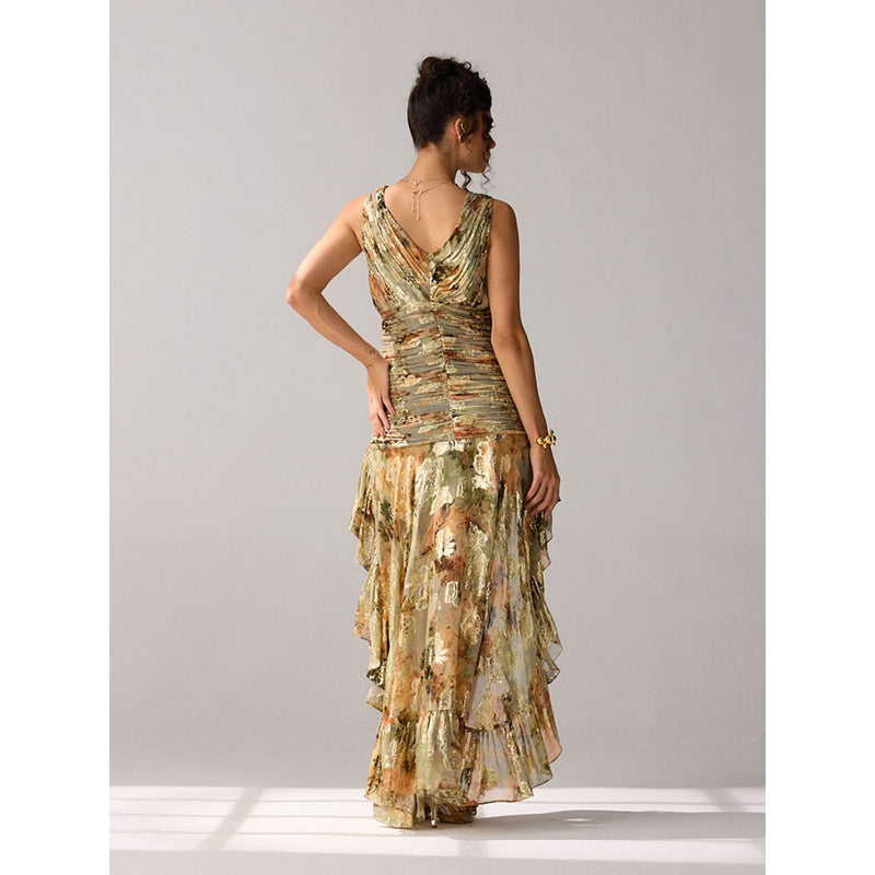 Verb Lurex Printed Ruched High Low Anaisha Dress