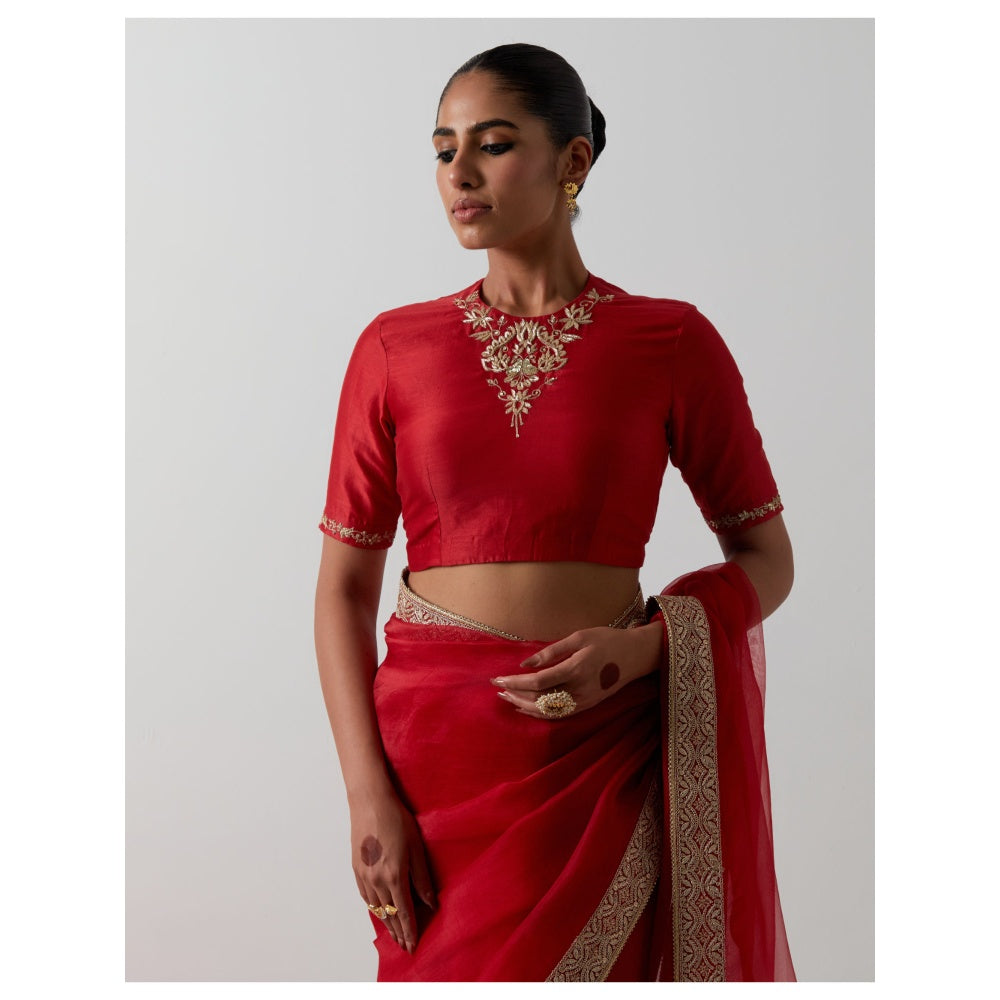 Vinusto Red Katan Organza Silk Hand-Embroidered Saree with Stitched Blouse