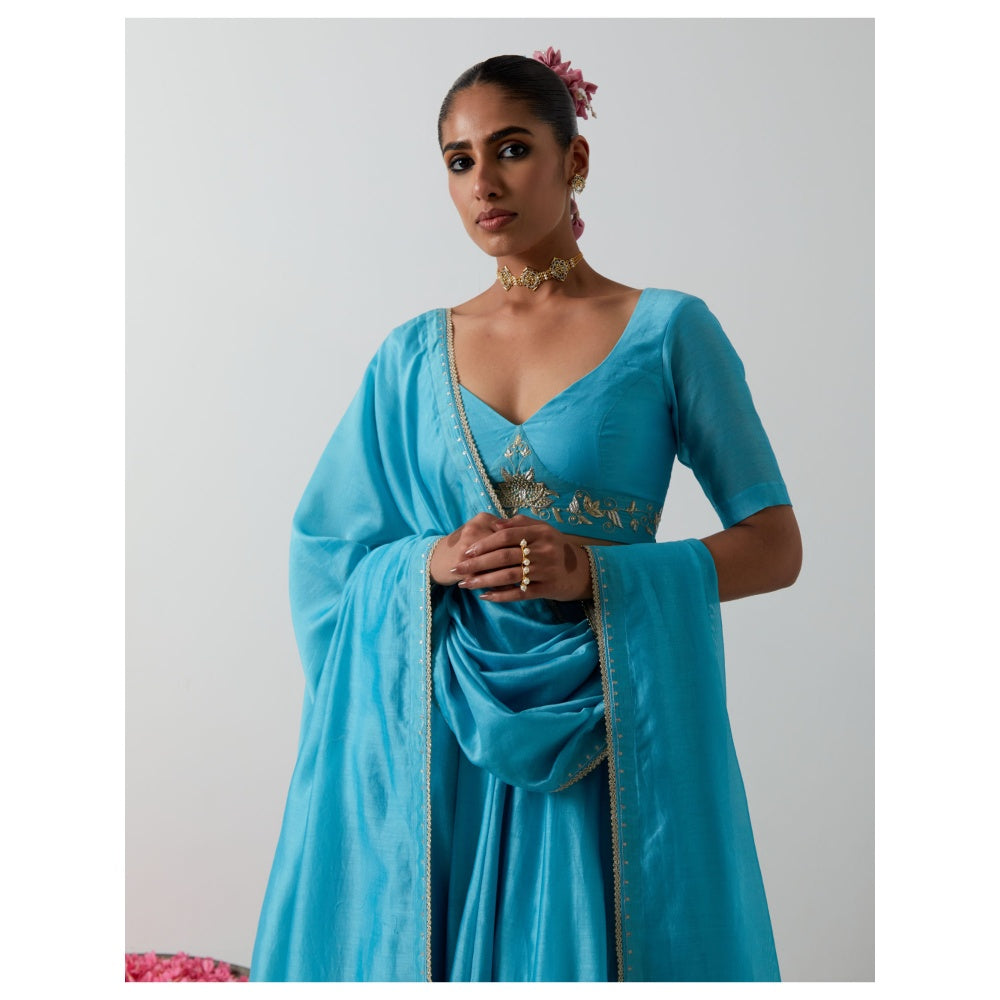 Vinusto Light Blue Chanderi Embroidered Corset Blouse with Lehenga & Dupatta