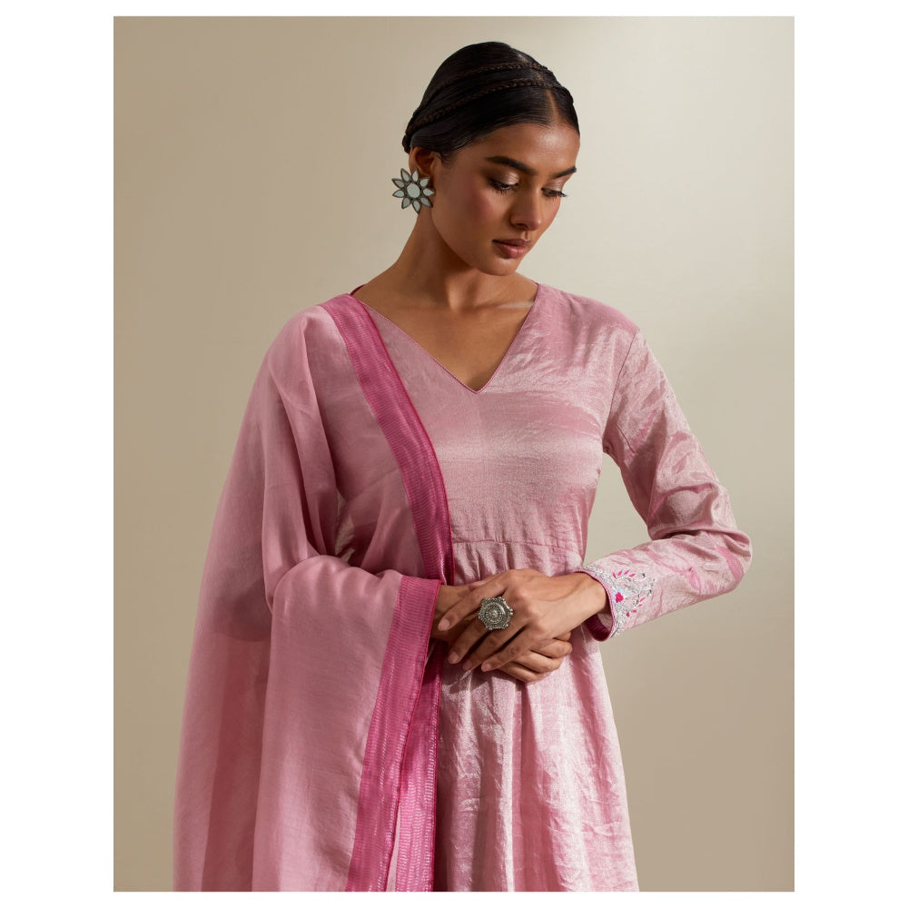 Vinusto Pink Zari Anarkali with Flared Cotton Palazzo & Chanderi Dupatta