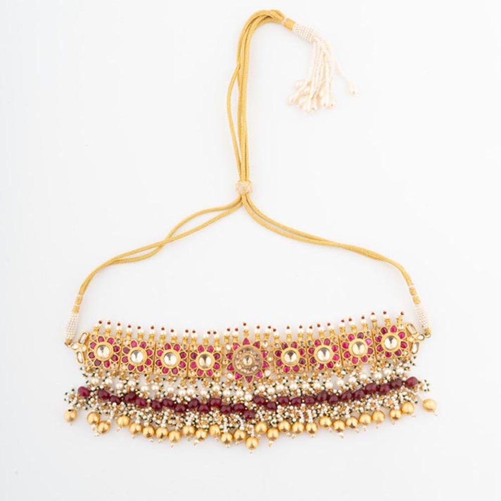 VIVINIA By Vidhi Mehra Gold Plated Red Womens Beads Choker Necklace Set With Earrings