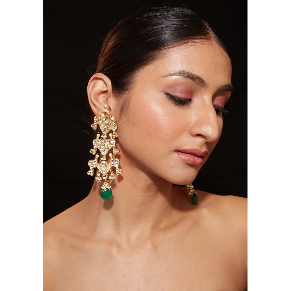 VIVINIA By Vidhi Mehra Gold Plated White Kundan Studded with Single Bead Drop Dangle Earrings