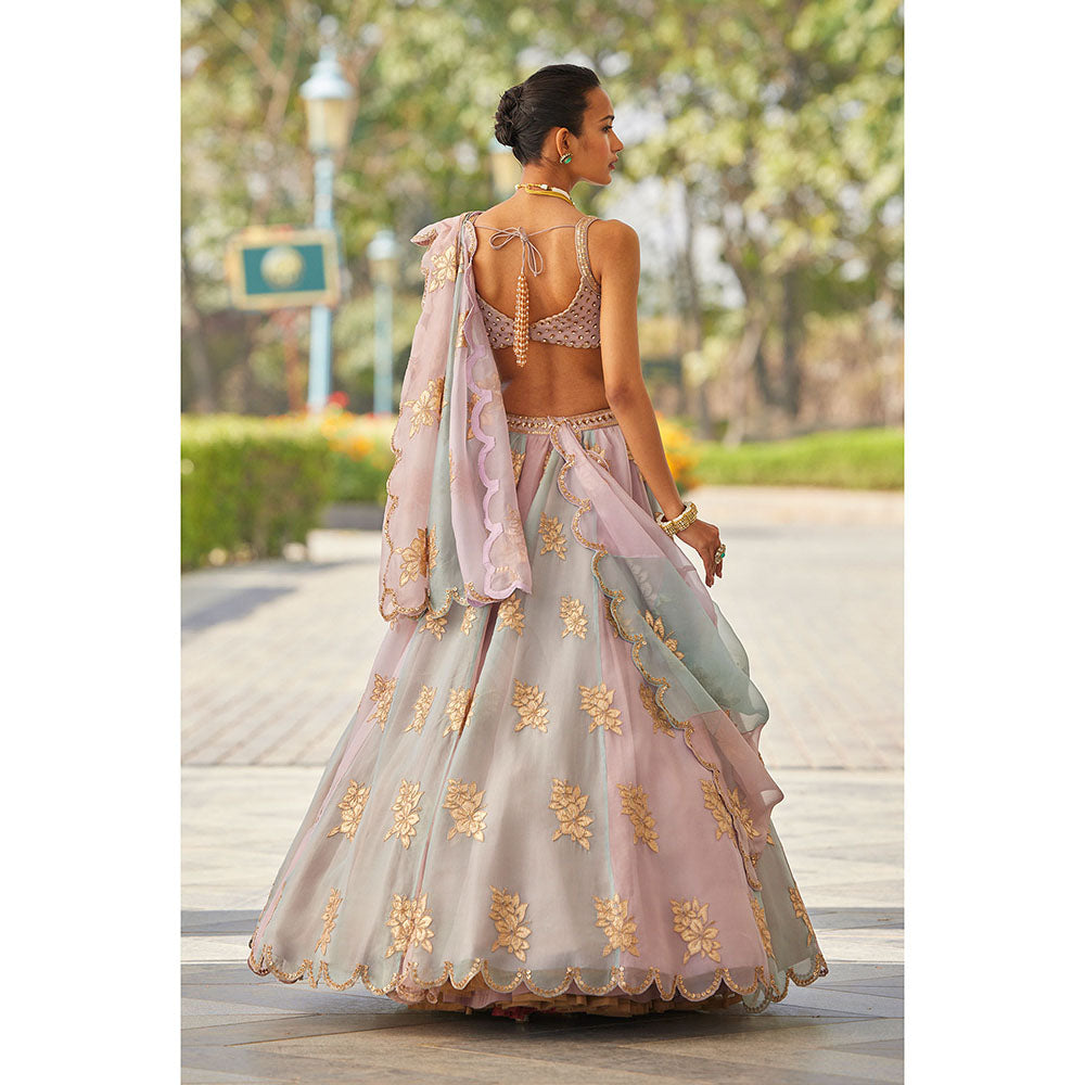 Vvani by Vani Vats Ash Pink Flower Blouse with Lehenga & Dupatta (Set of 3)
