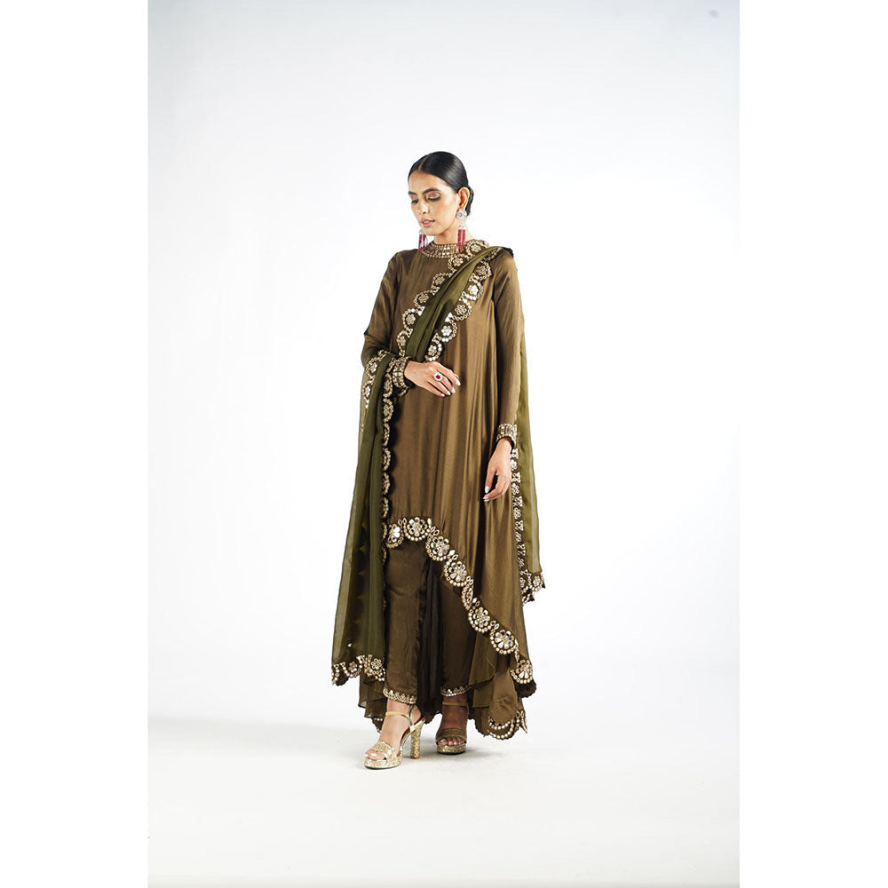 Vvani by Vani Vats Olive Green Mirror Scallop Kurta & Pant with Dupatta (Set of 3)