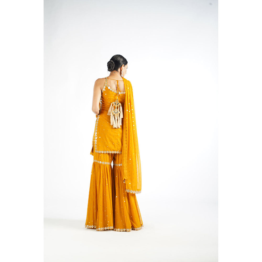Vvani by Vani Vats Mustard Georgette Kurta with Sharara & Dupatta (Set of 3)