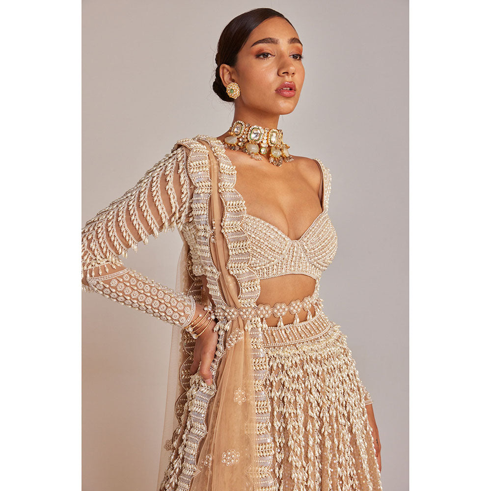 Vvani by Vani Vats Beige Chandelier Pearl Lehenga with Blouse & Dupatta (Set of 3)