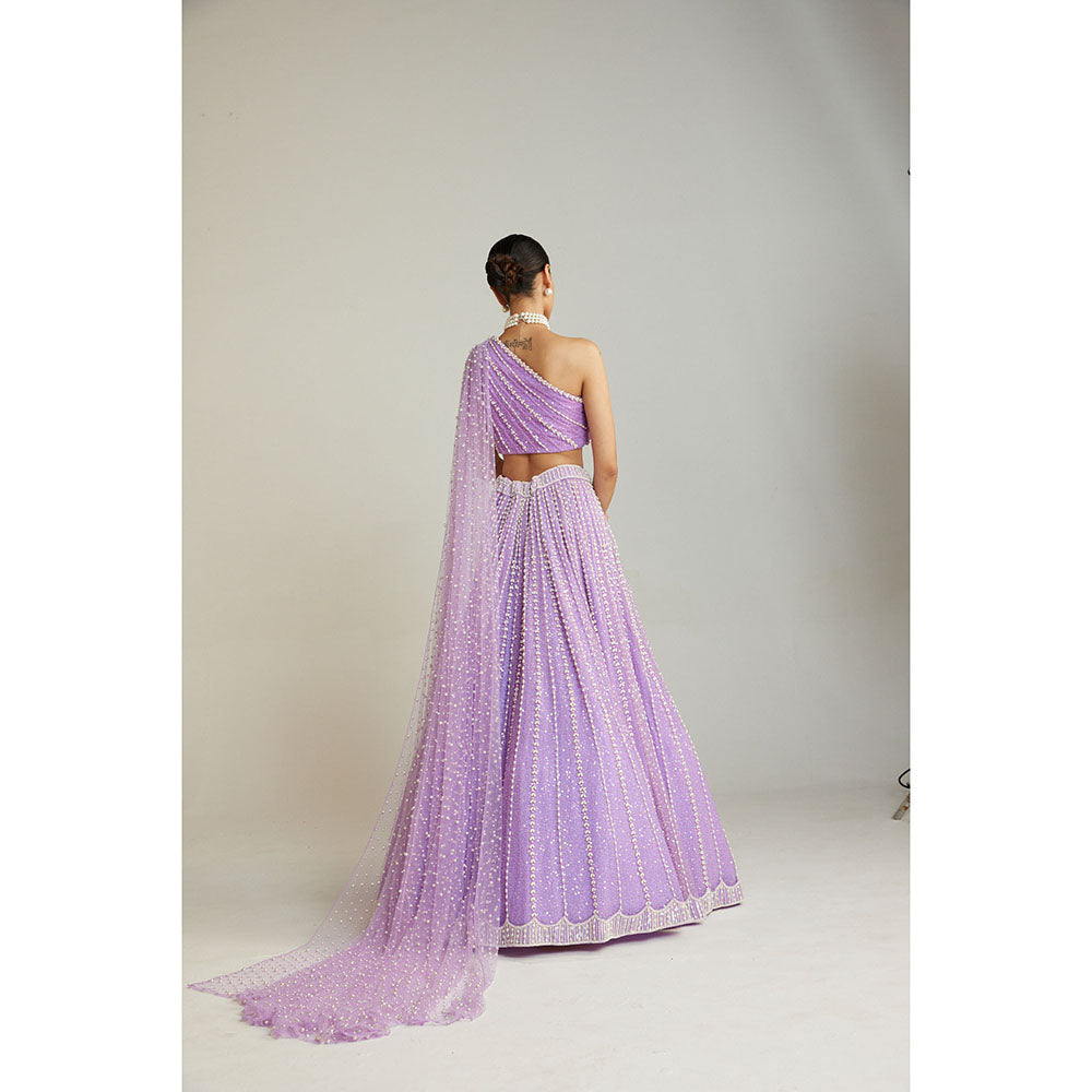 Vvani by Vani Vats Lilac Pearl Embellished Lehenga with Blouse & Trail (Set of 3)