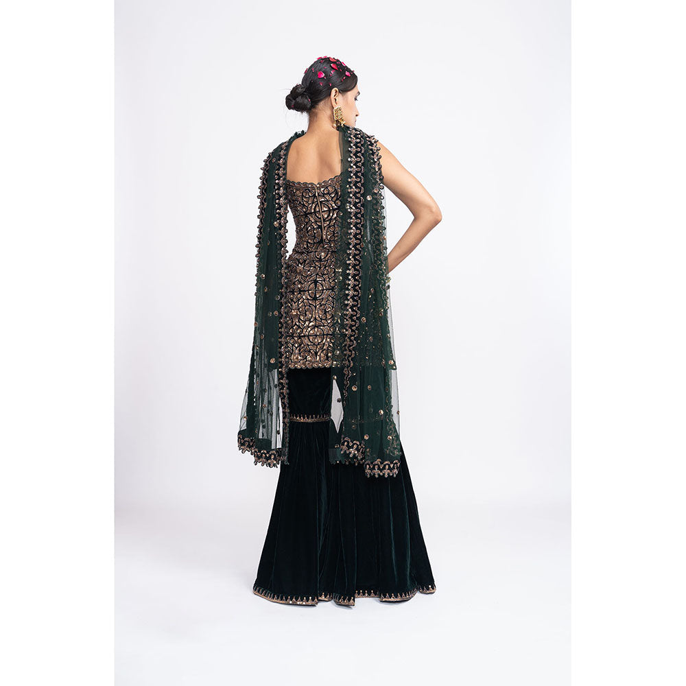 Vvani by Vani Vats Deep Green Kurti with Sharara & Dupatta (Set of 3)