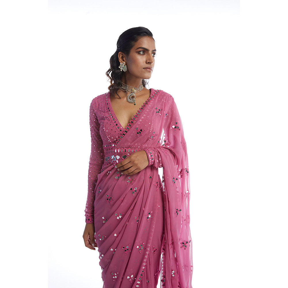 Vvani by Vani Vats Dark Blush Mirror Cut Work Saree with Stitched Blouse and Belt
