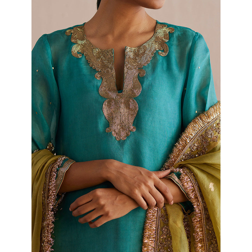 WeaverStory Meheroo Sea Blue Organza Kurta with Tissue Pant and Dupatta (Set of 3)