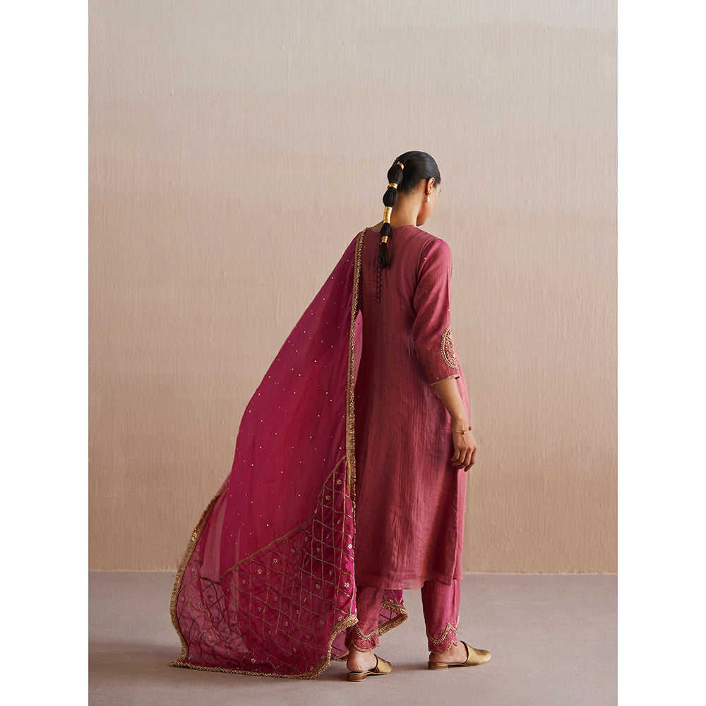 WeaverStory Aayat Rani Pink Cotton Tissue Kurta with Pant and Organza Dupatta (Set of 3)