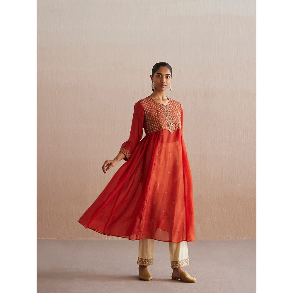 WeaverStory Noor Rust Orange Organza Kurta with Tissue Pant and Dupatta (Set of 3)