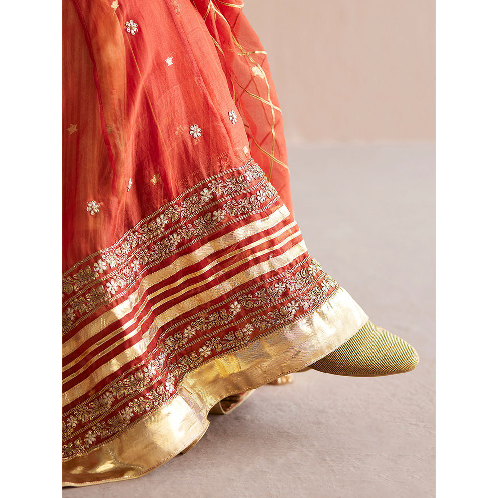 WeaverStory Nayaab Rust Orange Organza Angarkha with Cotton Tissue Pant (Set of 2)