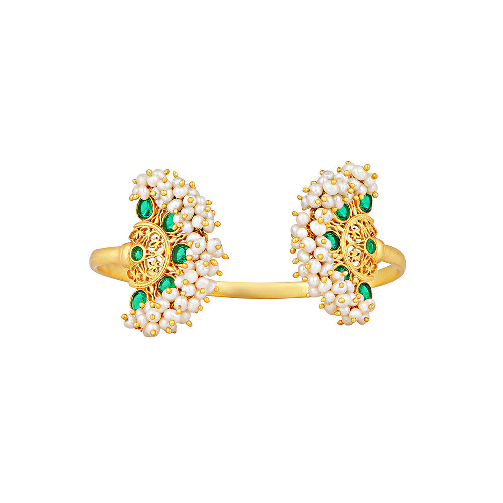 ZARIIN White Green Gold Plated Handcrafted Pearls Bangle