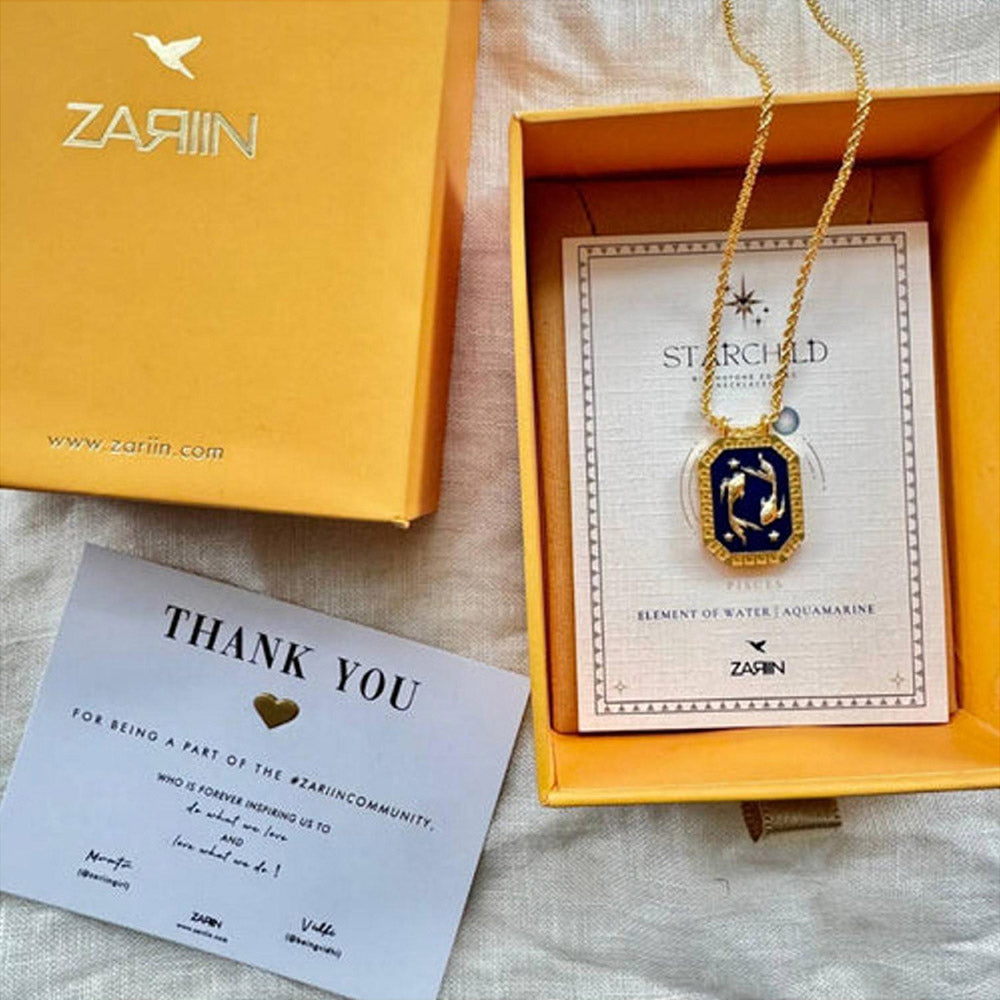 ZARIIN Pisces Zodiac Tablet Reversible Necklace With Aquamarine