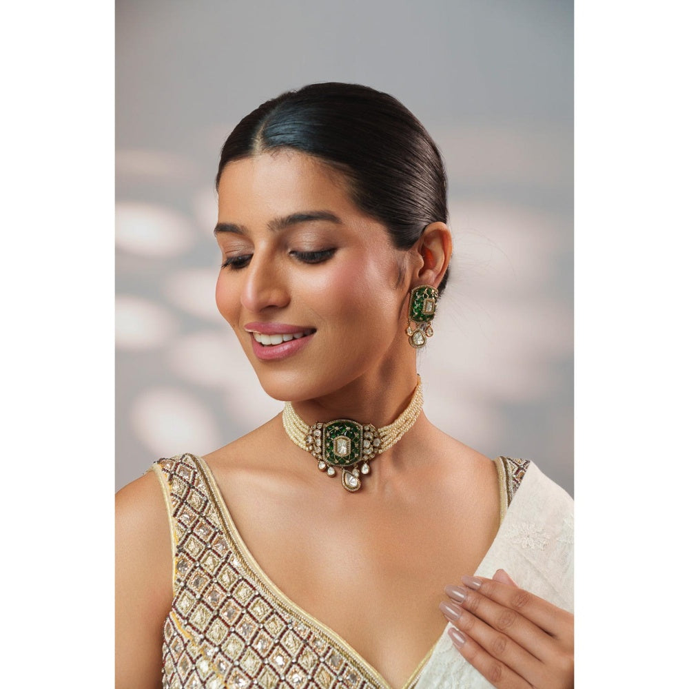 Zevar By Geeta Kayra Green Polki Choker with Pair Of Earrings