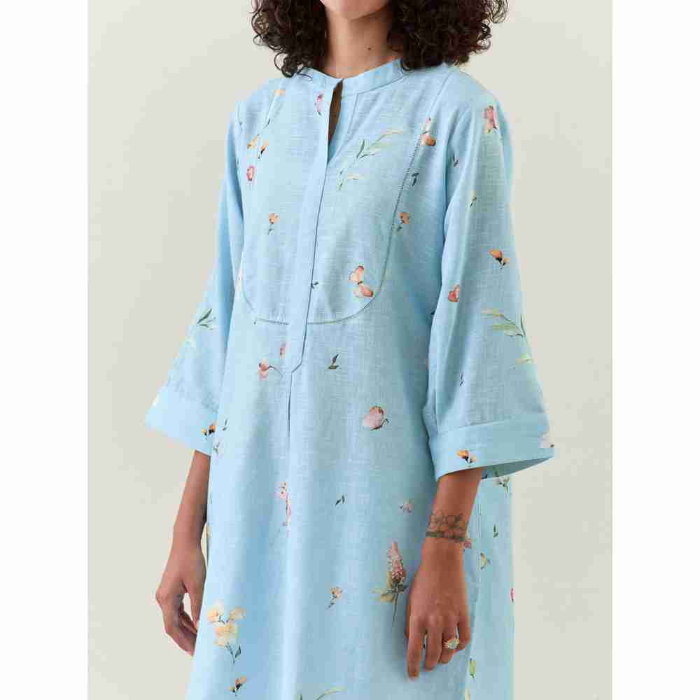 Anantaa by Roohi Trehan Blue Botanical Print Mid Length Cotton Linen Kurta With Yoke Placket