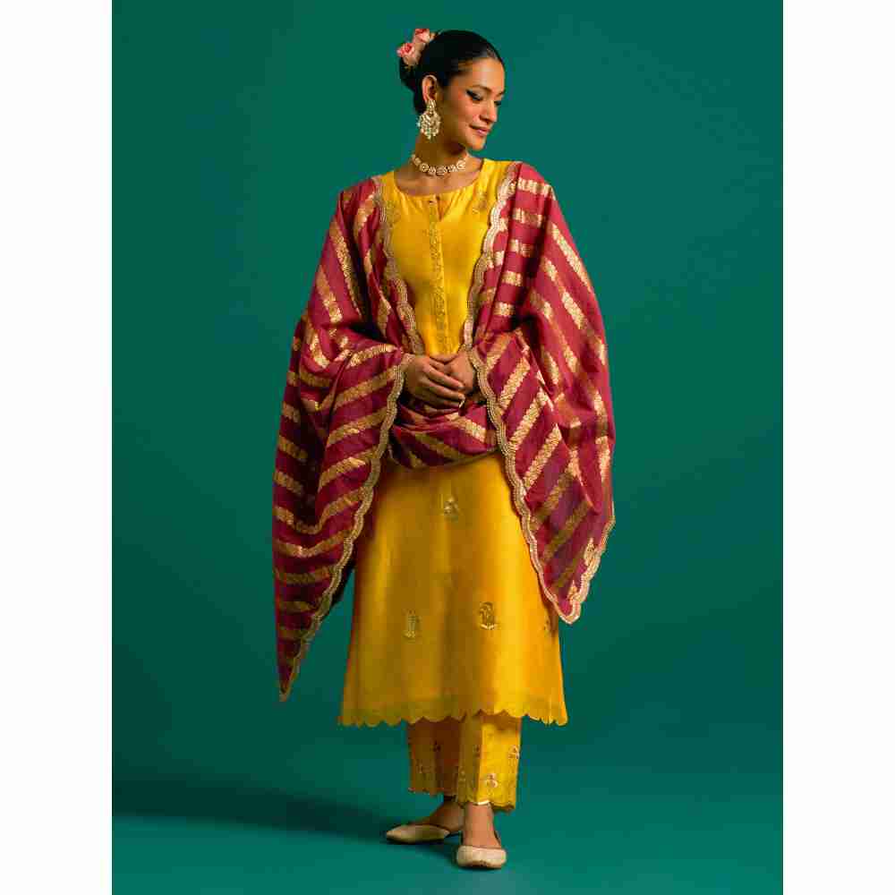 Anantaa By Roohi Trehan Maroon Chanderi Jacquard Zari Stripes Dupatta