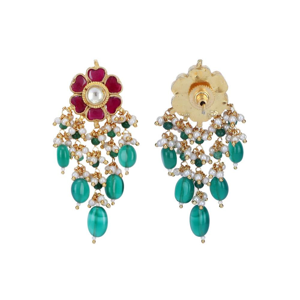 Auraa Trends 22Kt Gold Plated Kundan Red and Green Choker Necklace Set for Women and Girls
