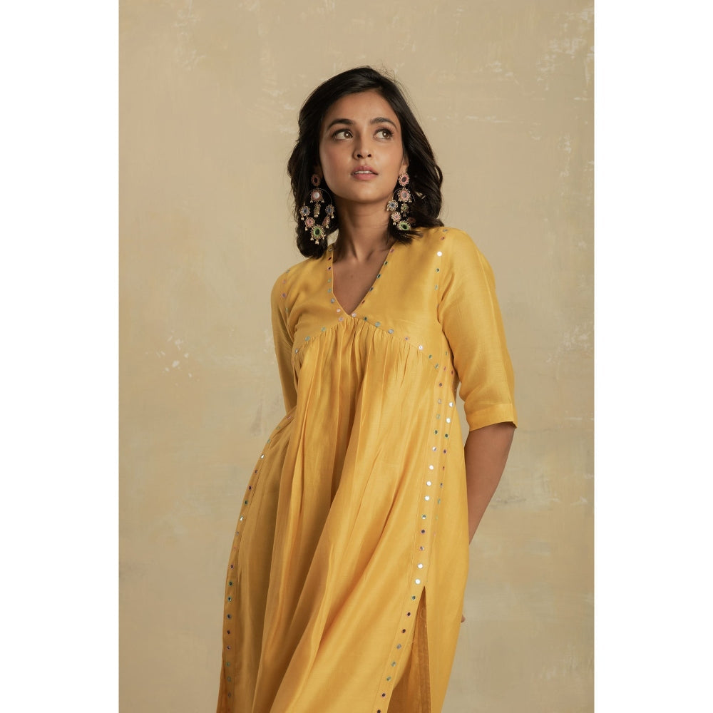 Charkhee Sunflower Yellow V-Neck High Slit Kurta With Pant & Dupatta - (Set of 3)